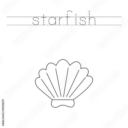 Trace word and color cute cartoon seashell.