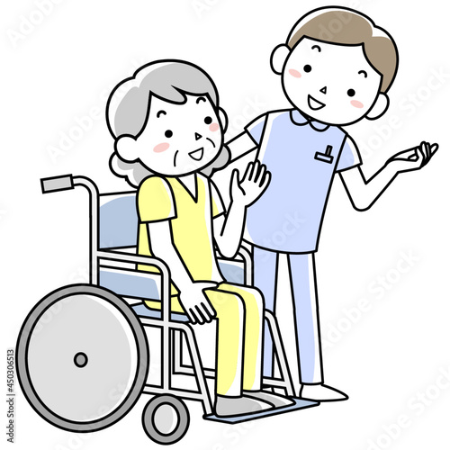 車いすに乗った高齢者と看護師