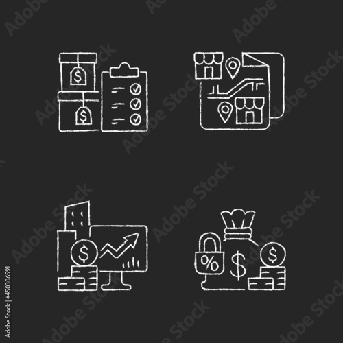 Company stocks and franchising chalk white icons set on dark background. Finished goods. Fixed deposit. Asset management. Financial relationship. Isolated vector chalkboard illustrations on black