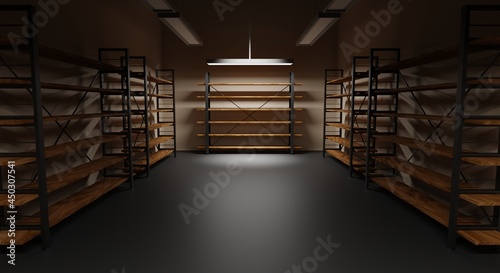 Foto Warehouse with empty racks night