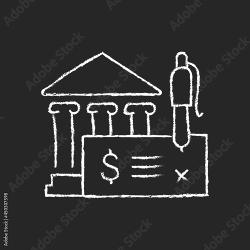 Bank draft chalk white icon on dark background. Payment providing. Guaranteeing funds. Teller check. Money transfer. Clearing house. Isolated vector chalkboard illustration on black