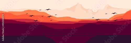 sunset in bridge with mountain landscape vector flat design illustration good for wallpaper  background  design template  backdrop template  and tourism design template