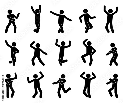Happy stick figure man dancing hands up different poses vector icon set. Stickman enjoying, jumping, having fun, party silhouette pictogram on white background photo