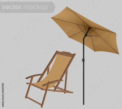 Beach umbrella with deck chair mockup. 3D realistic design. Seashore pool hotel rest chair , sun protecting parasol.