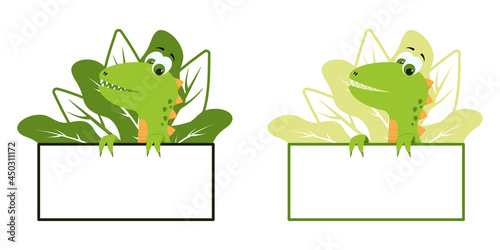 Set - A cute dinosaur is holding an empty sign. Children's illustration.