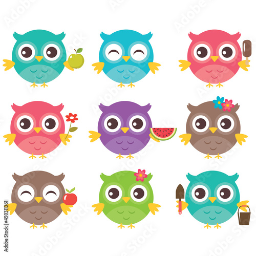 Wallpaper Mural Cute spring garden owls on white background Torontodigital.ca