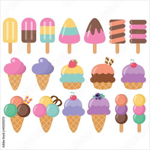 Set of sweets. Ice cream and cupcakes on a white background