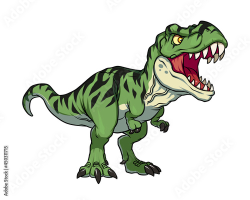 Fototapeta Naklejka Na Ścianę i Meble -  Green t rex dinosaur dino cool t-rex style 2D chibi illustration raptor art for sport logo, tshirt design, printing and esport team mascot.