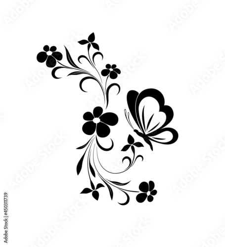 Vector illustration of flower pattern and butterfly tattoo on black and white background