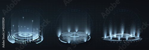 HUD, GUI futuristic portal, hologram. Futuristic set circles virtual interface elements. Level up effect. Realistic teleportation portal. Abstract technology communication design innovative background