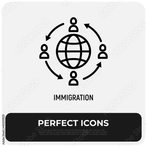 Immigration thin line icon, people moving around globe. Modern vector illustration.
