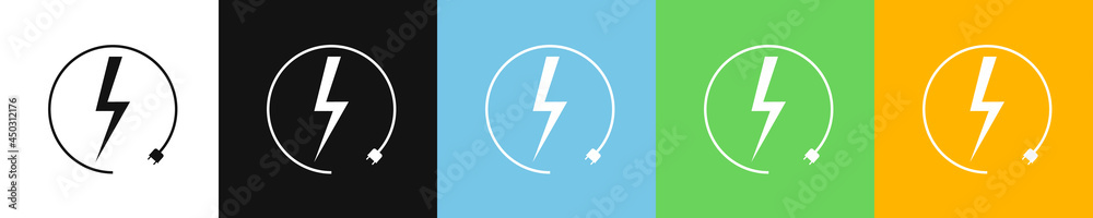 Electric car charging icons, graphic design template, lightning bolt. Parking with electric charge signs, vector illustration Electric car charging icons, graphic design template, lightning bolt. Parking with electric charge signs, vector illustration