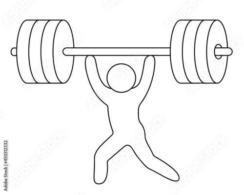 The athlete raises the barbell. Weightlifting. The weightlifter competes with rivals in lifting weights with his hands over his head. Sketch. Vector icon. Isolated white background. 