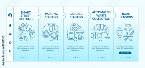 Smart systems for city management onboarding vector template. Responsive mobile website with icons. Web page walkthrough 5 step screens. High tech approach color concept with linear illustrations