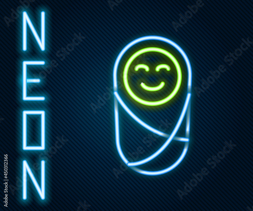Glowing neon line Newborn baby infant swaddled or swaddling icon isolated on black background. Baby kid child wrapped in blanket clothes. Colorful outline concept. Vector
