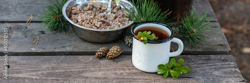 White campfire enamel mug with hot herbal tea, bowl with buckwheat. Bowler pot on background, cones, forest elements as decor. Concept of lunch break during hiking, trekking, active tourism. Banner photo