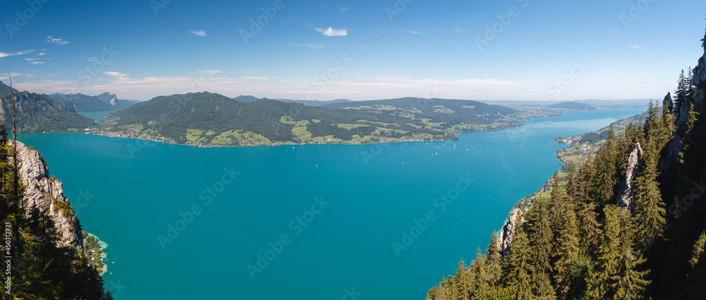 Fototapeta premium Panoramic view to Attersee and Mondsee from hill Schoberstein hill. Austria, Salzburg region