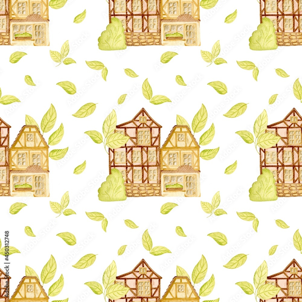 Watercolor old traditional Germany houses with leaves on the seamless pattern. Cute fresh illustration for wrapping paper, fabric, textile, background.