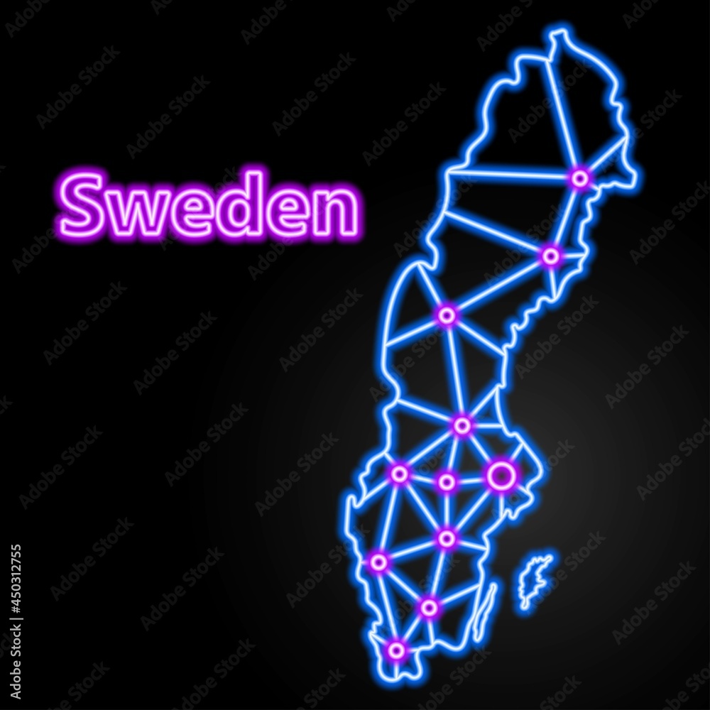 Naklejka premium Sweden neon map, isolated vector illustration.