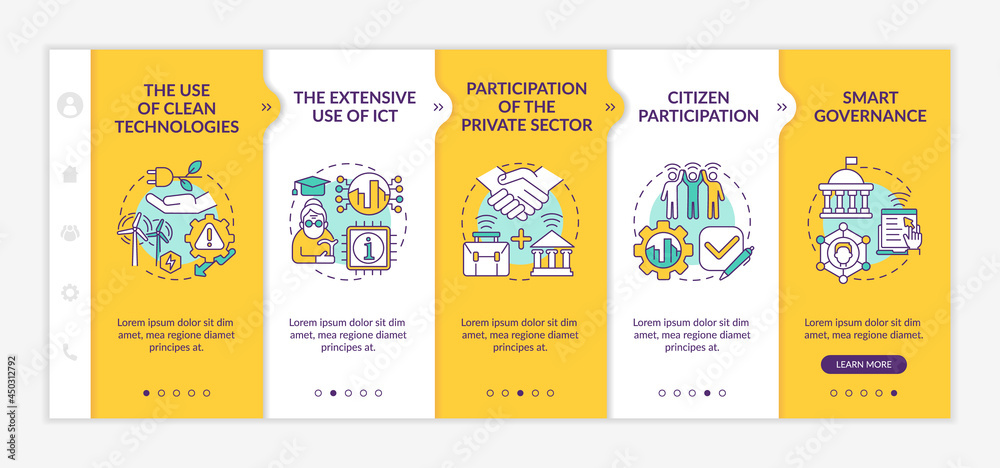 Instruments of smart city yellow onboarding vector template. Responsive mobile website with icons. Web page walkthrough 5 step screens. Environment improvement color concept with linear illustrations