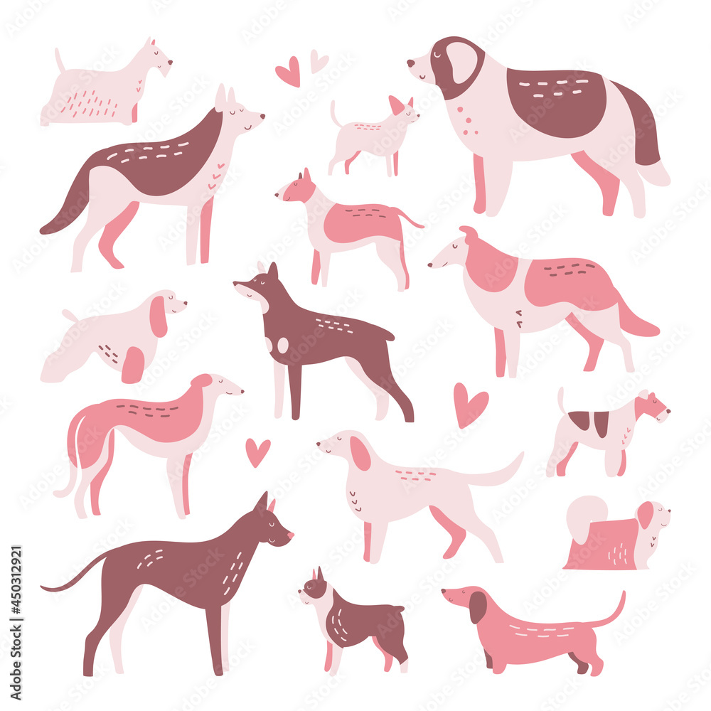 Set of isolated vector drawings of different dog breeds, cute trendy illustration for children Set of isolated vector drawings of different dog breeds, cute trendy illustration for children