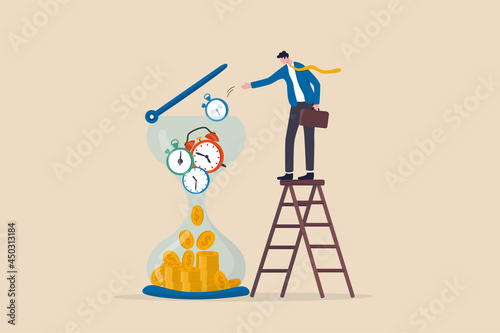 Time is money, long term investment return, retirement pension fund concept, smart businessman investor putting time pieces, clock, alarm clock and timer into sandglass falling to money profit return.