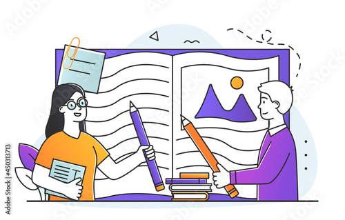 Young male and female characters writing in huge notebook together. Concept of journaling, personal diary and copywriting. Flat cartoon vector illustration
