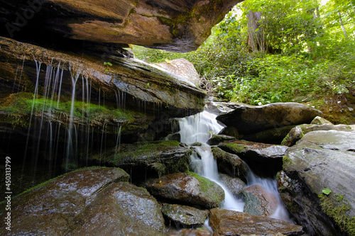Silky water flowing over rocks and moss at Otter Falls trail in Seven Devils, North Carolina, USA, near Banner Elk. photo