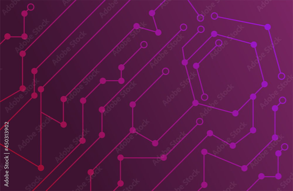 Colorful abstract connected lines and dots on purple background. Concept of technology connection digital data and big data. Flat cartoon vector illustration