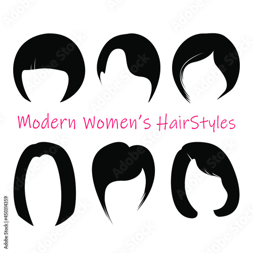 Womens various trendy hairstyles set. Flat vector of long and short haircuts. Black silhouettes of modern hair styling.