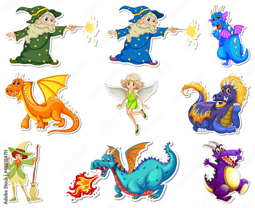 Sticker set with different fairytale cartoon characters Sticker set with different fairytale cartoon characters