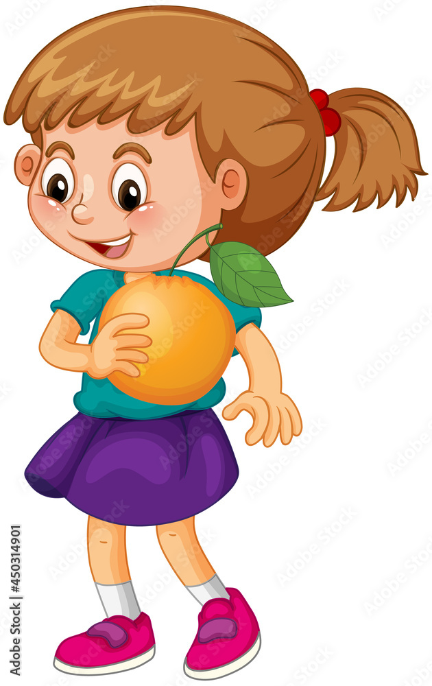 Happy girl cartoon character holding an orange Happy girl cartoon character holding an orange