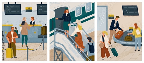 People boarding air plane hand drawn vector illustration set. Passengers at check-in counter in airport. Man and woman waiting for luggage at conveyor belt. Air travel concept
