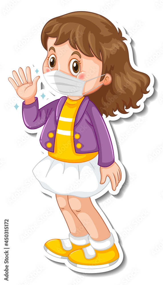 A sticker template with a girl wearing medical mask cartoon character A sticker template with a girl wearing medical mask cartoon character