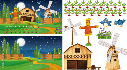 Farm element set isolated with farm scene
