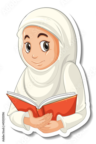 A sticker template with Muslim girl praying cartoon character