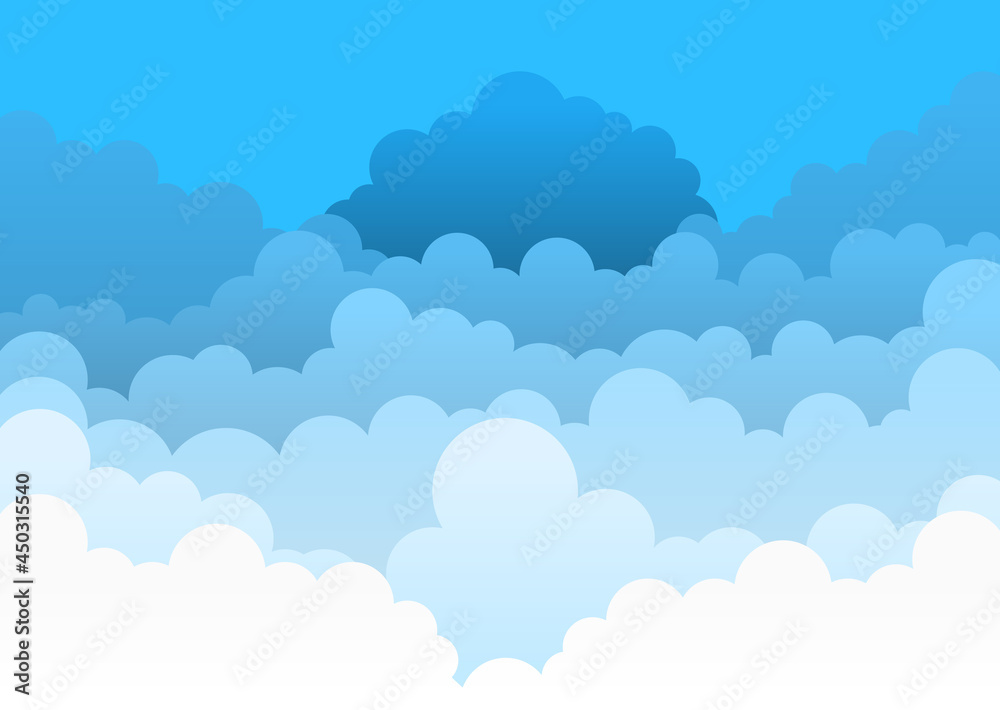 Beautiful colorful background with blue sky and clouds. Holiday mood, airy atmosphere. Concept of colorful abstract templates for further creative use. Flat cartoon vector illustration