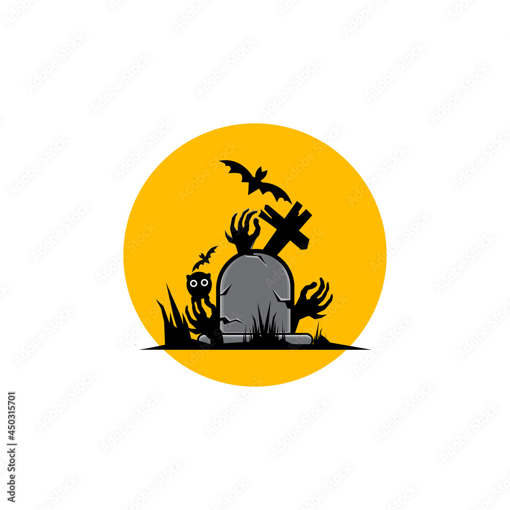 Illustration of logo vector Halloween ghost hand on tombstone, very suitable for party invitation card and logo on shirt