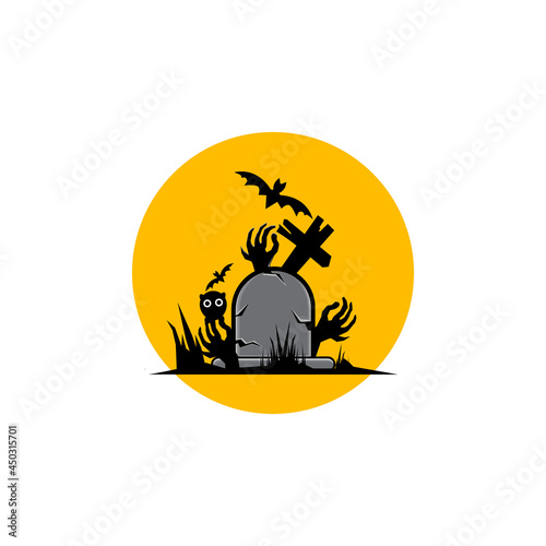 Illustration of logo vector Halloween ghost hand on tombstone, very suitable for party invitation card and logo on shirt