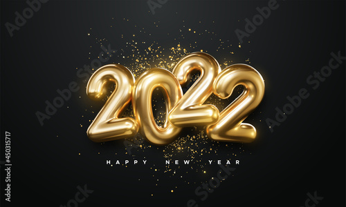 Realistic 2022 golden numbers and festive confetti on black background.