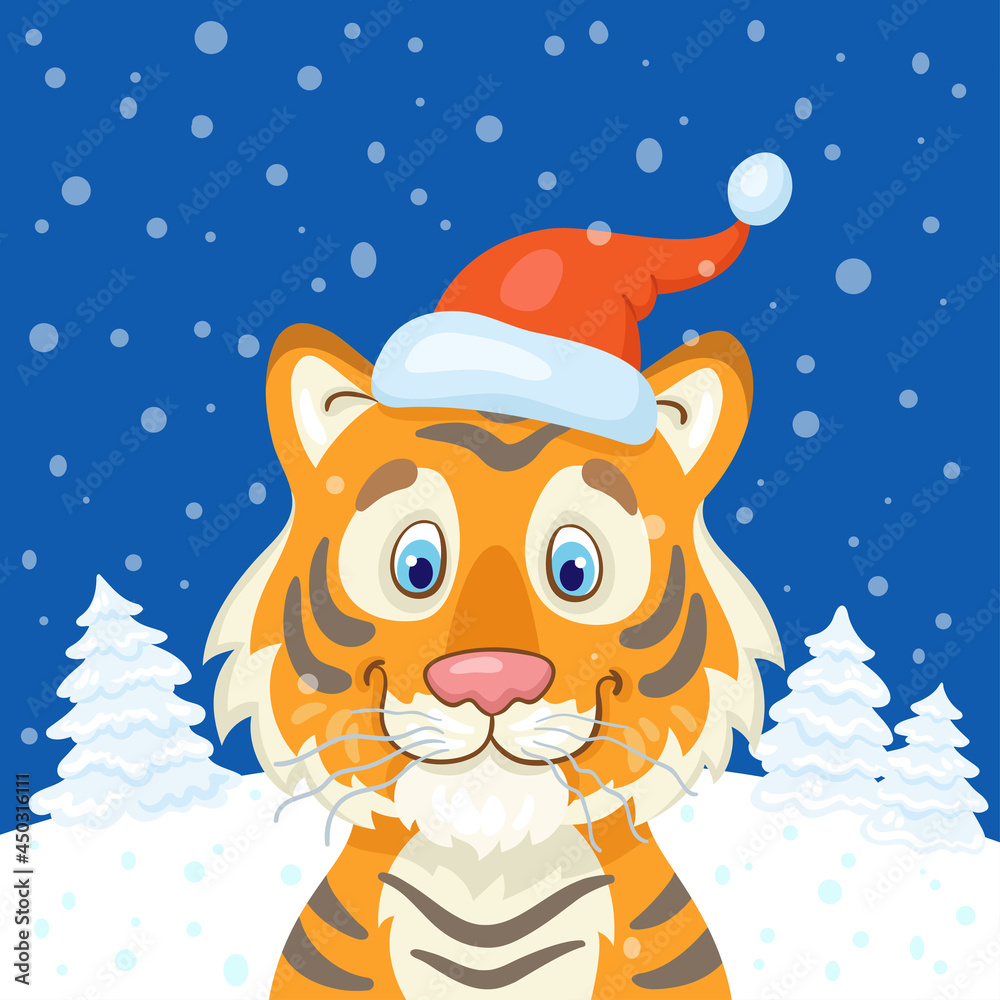 Funny tiger is a symbol of the New Year in a winter glade. In cartoon style. On a dark blue background. Vector flat illustration. Funny tiger is a symbol of the New Year in a winter glade. In cartoon style. On a dark blue background. Vector flat illustration.