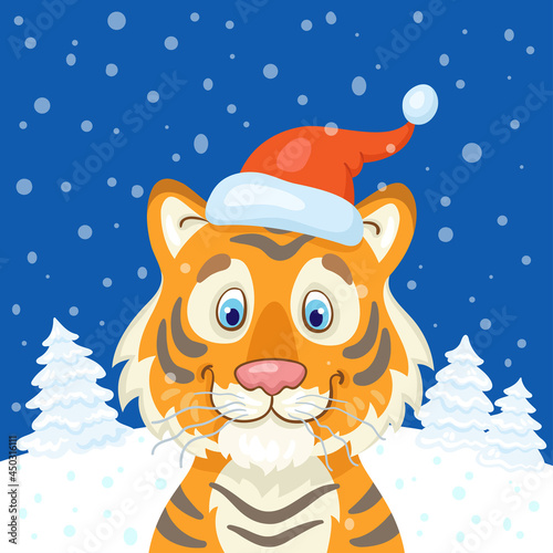 Fototapeta Naklejka Na Ścianę i Meble -  Funny tiger is a symbol of the New Year in a winter glade. In cartoon style. On a dark blue background. Vector flat illustration.