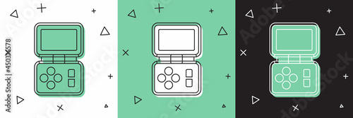 Set Portable tetris electronic game icon isolated on white and green, black background. Vintage style pocket brick game. Interactive playing device. Vector