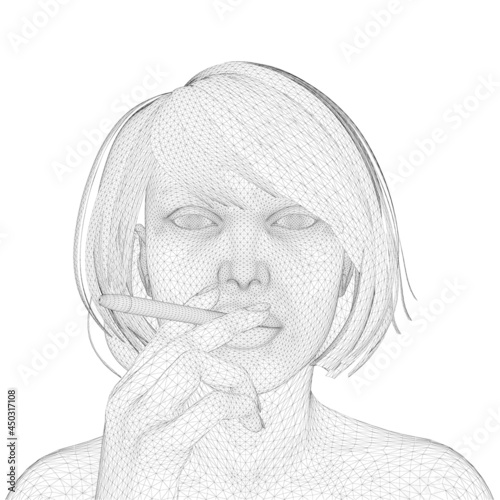 Wireframe of the head of a girl smoking a cigarette. 3D. Vector illustration