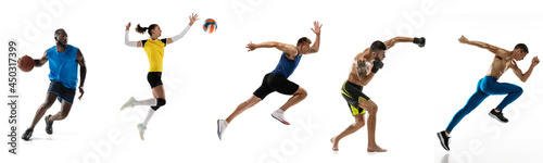 Sport collage. Basketball, fitness, running, boxing, volleyball players posing isolated on white studio background. Fit african and caucasian men and women