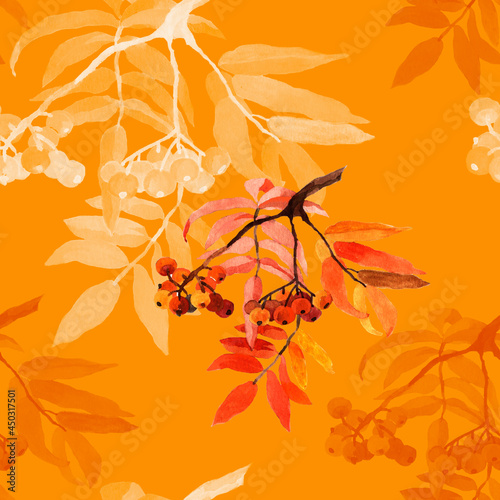Rowanberry branches watercolor on orange background seamless pattern for all prints.