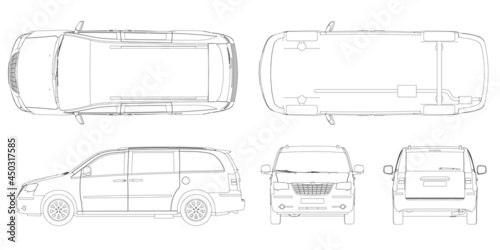 Set with car contours from black lines Isolated on white background. Front, back, bottom, top, side view. Vector illustration