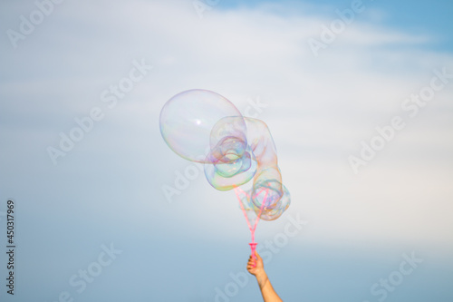 soap bubbles on blue sky