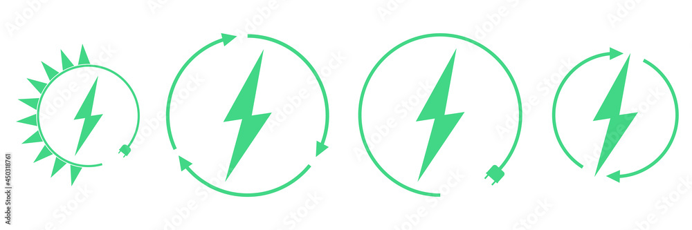 Electric car charging and renewable energy icons, graphic design template, lightning bolt, vector illustration Electric car charging and renewable energy icons, graphic design template, lightning bolt, vector illustration