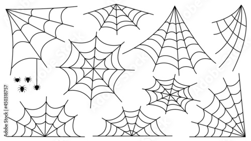 Spider web set. Halloween decoration with spiders. A creepy spider web in an abandoned place. Outline and line isolated vector illustration.